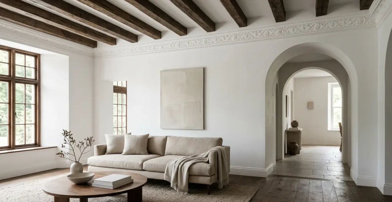 Elegant home interior showcasing exposed wooden beams, decorative crown moldings, and a classic archway with natural lighting