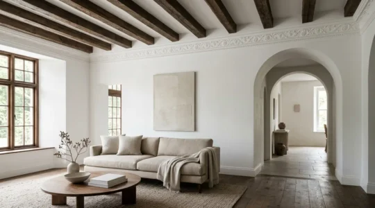 Elegant home interior showcasing exposed wooden beams, decorative crown moldings, and a classic archway with natural lighting