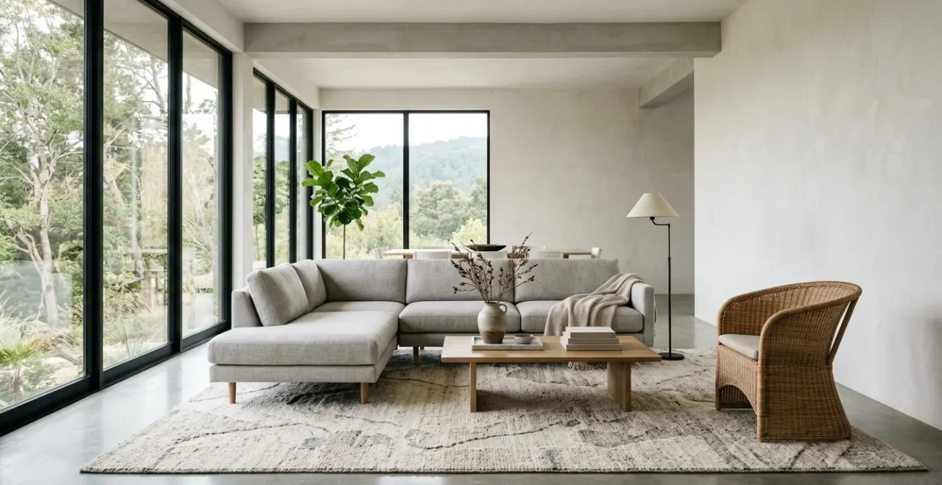 Living room interior showcasing an area rug anchoring furniture arrangement