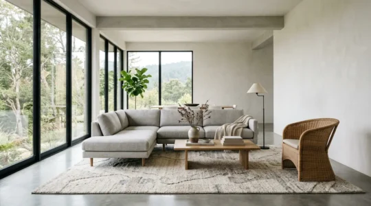 Living room interior showcasing an area rug anchoring furniture arrangement