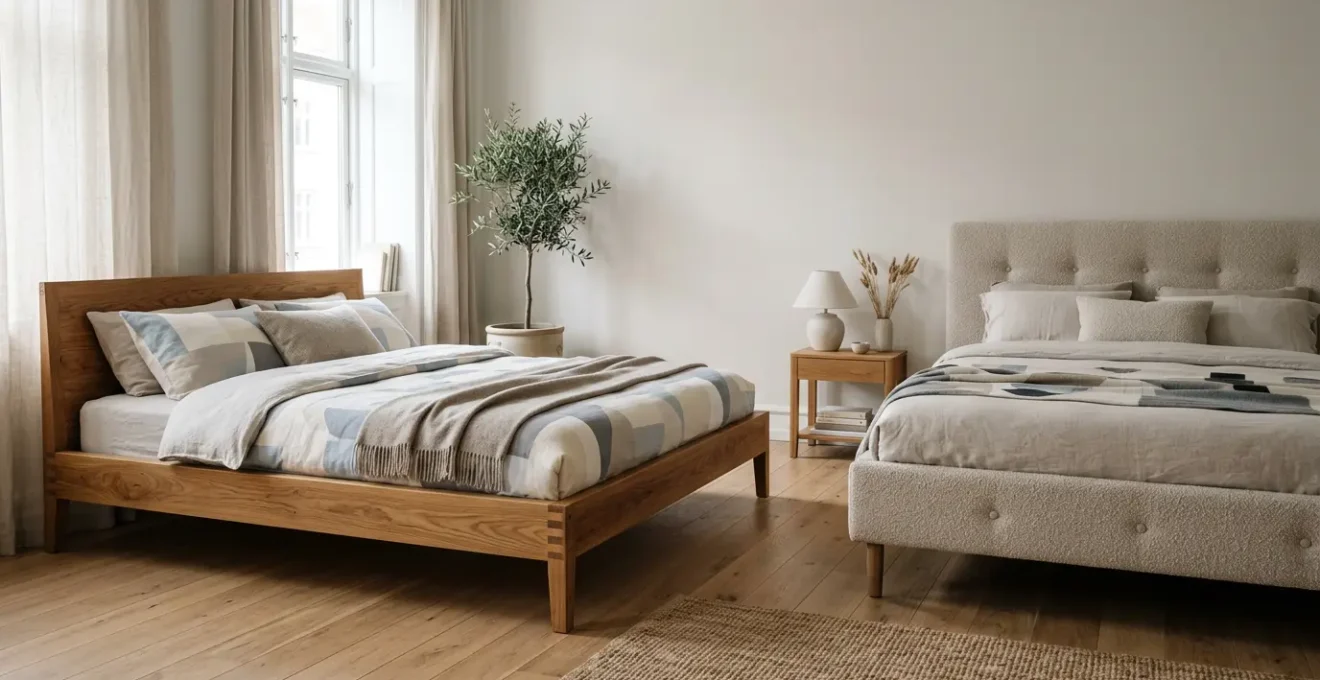 Elegant bedroom with carefully selected wooden and upholstered bed frames showcasing various styles