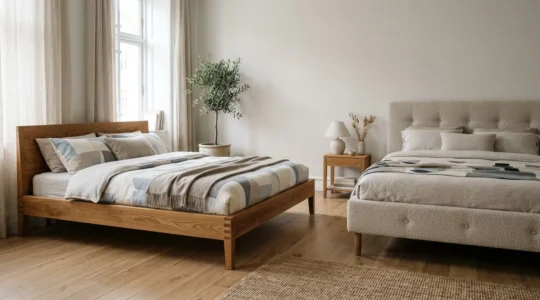 Elegant bedroom with carefully selected wooden and upholstered bed frames showcasing various styles