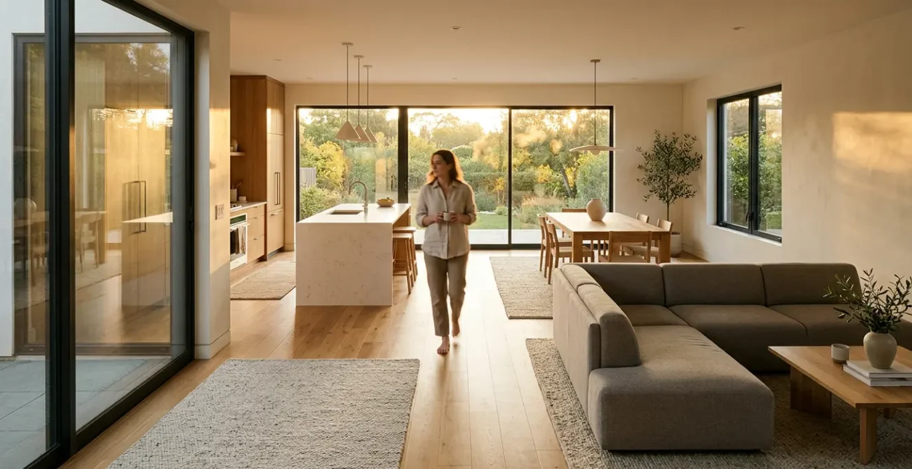 Aerial view of an open-plan living space showing clear pathways and strategic furniture placement for optimal traffic flow