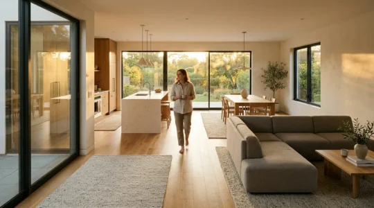 Aerial view of an open-plan living space showing clear pathways and strategic furniture placement for optimal traffic flow