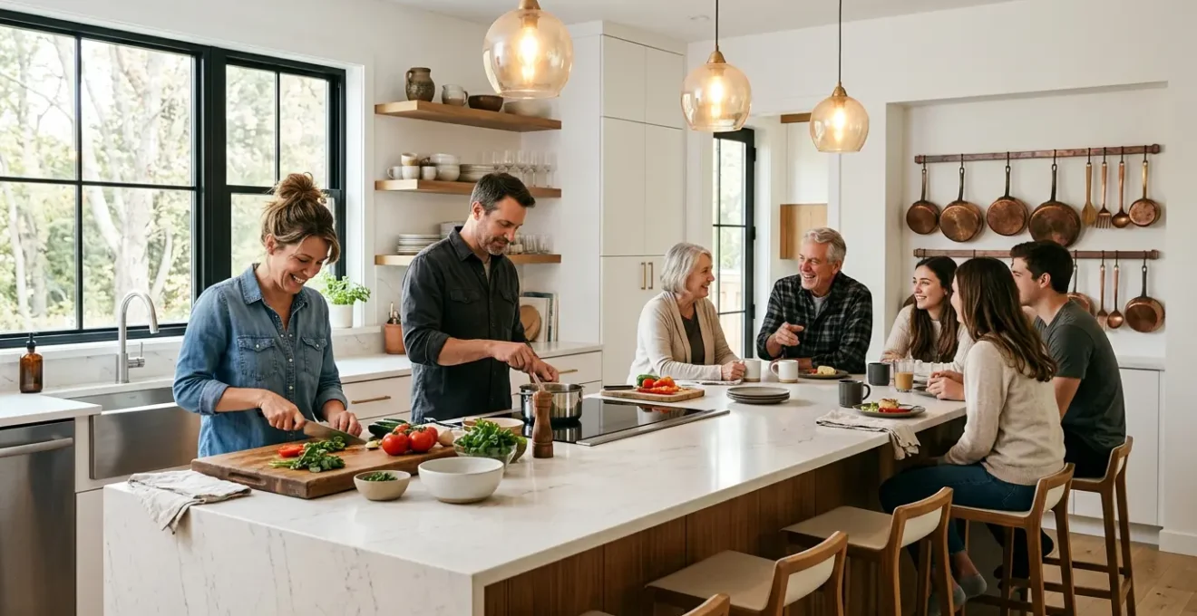 Modern kitchen island with waterfall edge serving as the ultimate social hub for cooking and gathering
