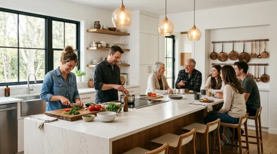 Modern kitchen island with waterfall edge serving as the ultimate social hub for cooking and gathering