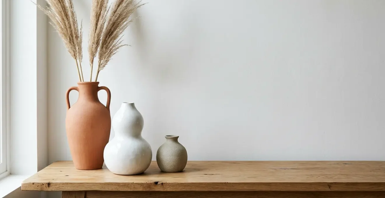 Elegant ceramic vases arranged artistically with flowers and empty vessels creating visual harmony
