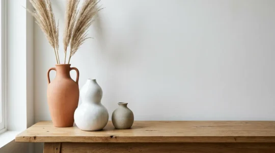 Elegant ceramic vases arranged artistically with flowers and empty vessels creating visual harmony