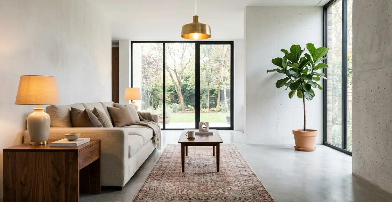 A sophisticated contemporary living room balancing modern and timeless elements with warm textures