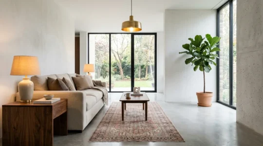 A sophisticated contemporary living room balancing modern and timeless elements with warm textures