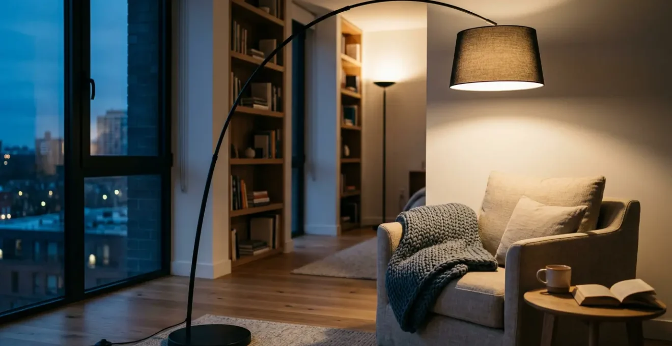 Warm ambient floor lamp creating cozy corner lighting in a modern living room at dusk
