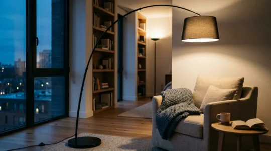 Warm ambient floor lamp creating cozy corner lighting in a modern living room at dusk