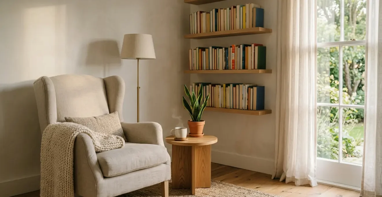 A sunlit reading nook with a comfortable armchair, soft cushions, warm throws, and floating shelves filled with books in a peaceful corner by a window