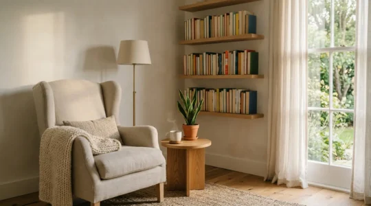 A sunlit reading nook with a comfortable armchair, soft cushions, warm throws, and floating shelves filled with books in a peaceful corner by a window