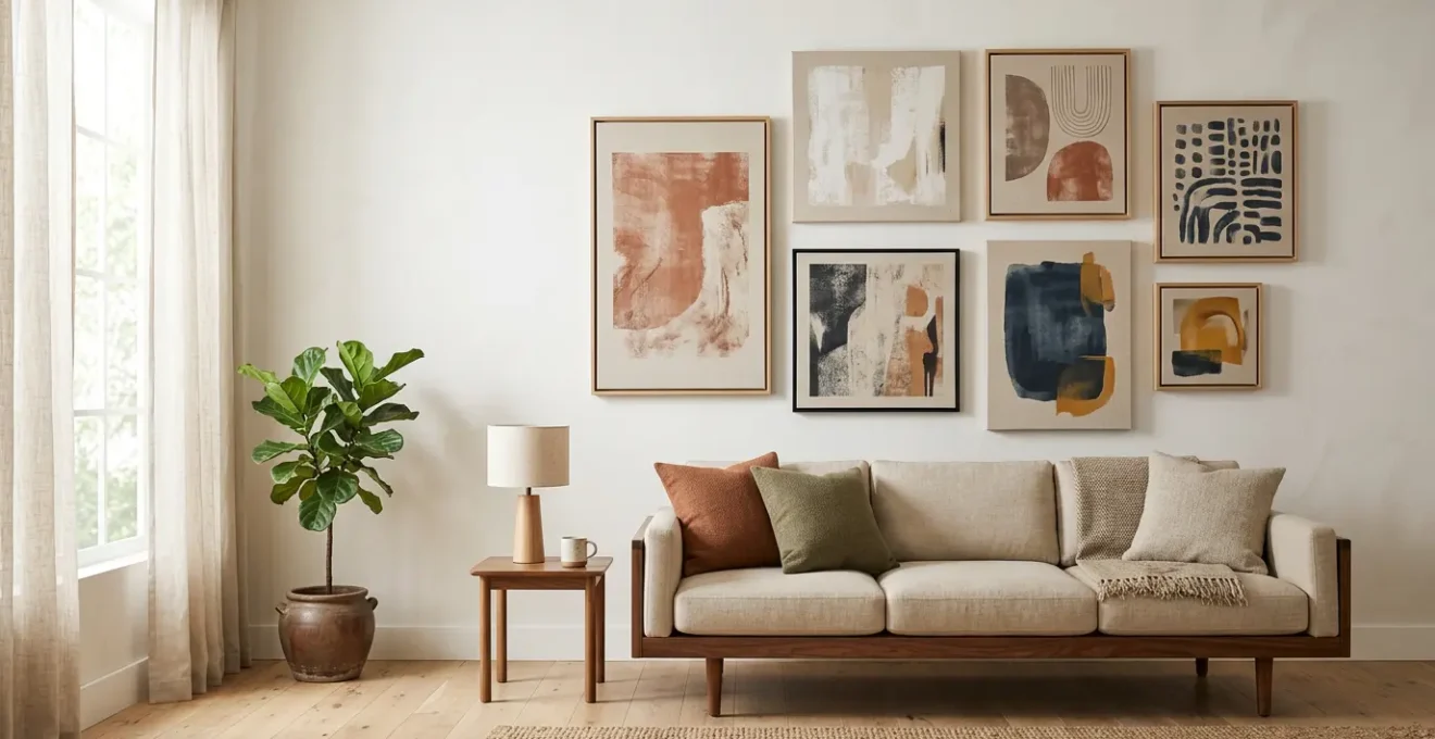 Sophisticated living room with carefully curated canvas art collection displayed on neutral walls