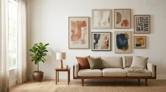 Sophisticated living room with carefully curated canvas art collection displayed on neutral walls