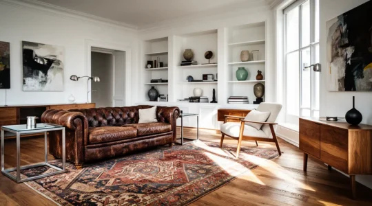 Elegant living room showcasing a harmonious blend of vintage and modern furniture pieces with neutral tones and natural textures
