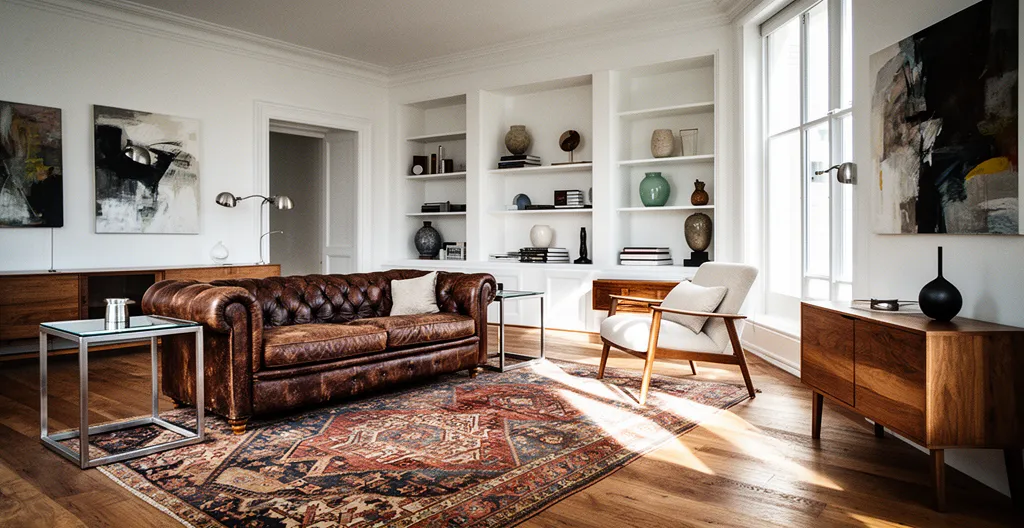 Elegant living room showcasing a harmonious blend of vintage and modern furniture pieces with neutral tones and natural textures