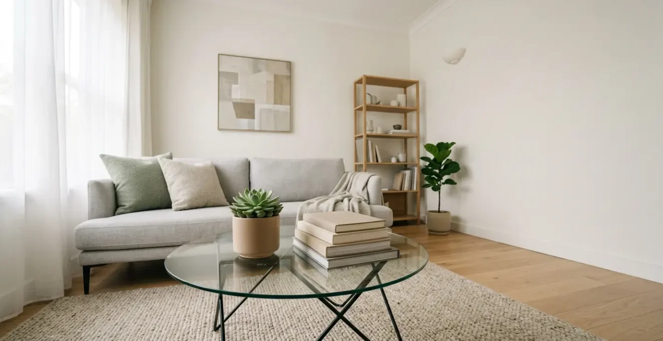 Elegant glass coffee table in a bright, compact living room with natural light