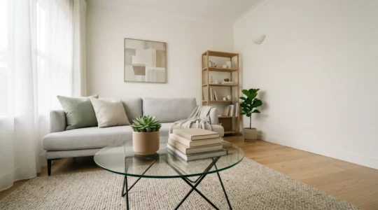 Elegant glass coffee table in a bright, compact living room with natural light