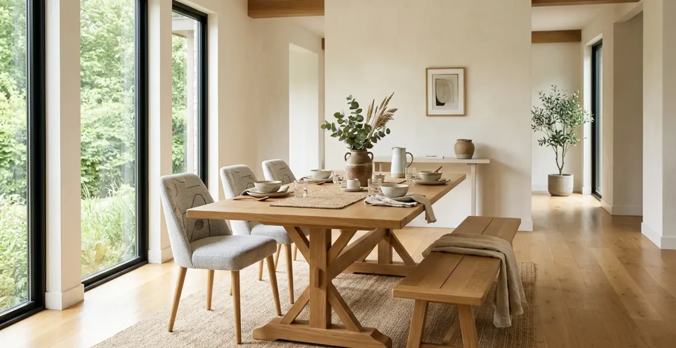 Elegant modern dining room featuring a rectangular wooden dining table with trestle base, upholstered chairs, and pendant lighting