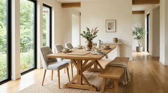 Elegant modern dining room featuring a rectangular wooden dining table with trestle base, upholstered chairs, and pendant lighting