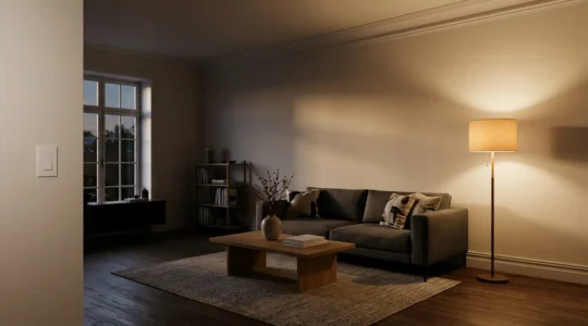 Modern living room with sophisticated dimmer lighting creating warm atmosphere