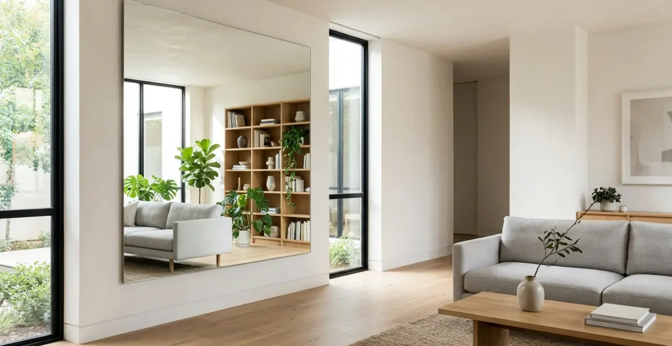 Large decorative wall mirror reflecting natural light in a contemporary living room with minimalist furniture