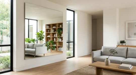 Large decorative wall mirror reflecting natural light in a contemporary living room with minimalist furniture