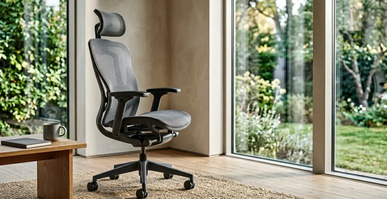 Modern ergonomic armchair with visible lumbar support in a bright living room setting