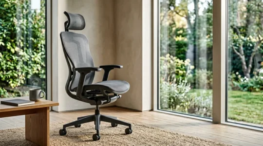 Modern ergonomic armchair with visible lumbar support in a bright living room setting