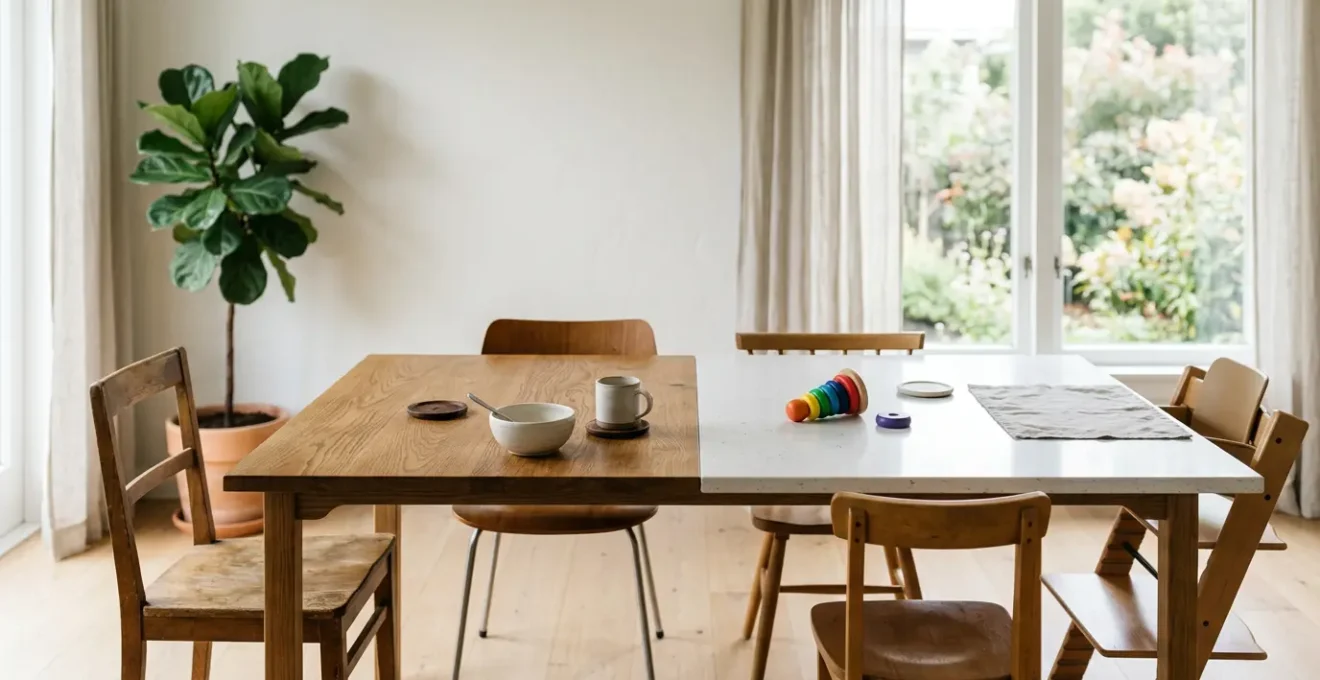 Modern dining room with various table materials showcasing family life durability features