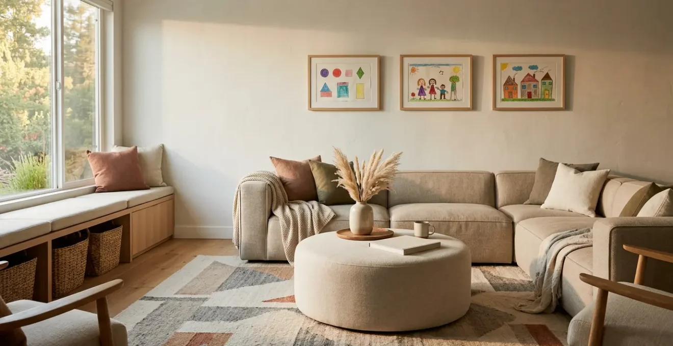 Modern family living room with durable furniture and organized toy storage