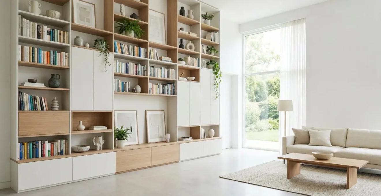 Modern living room with floor-to-ceiling vertical storage maximizing space