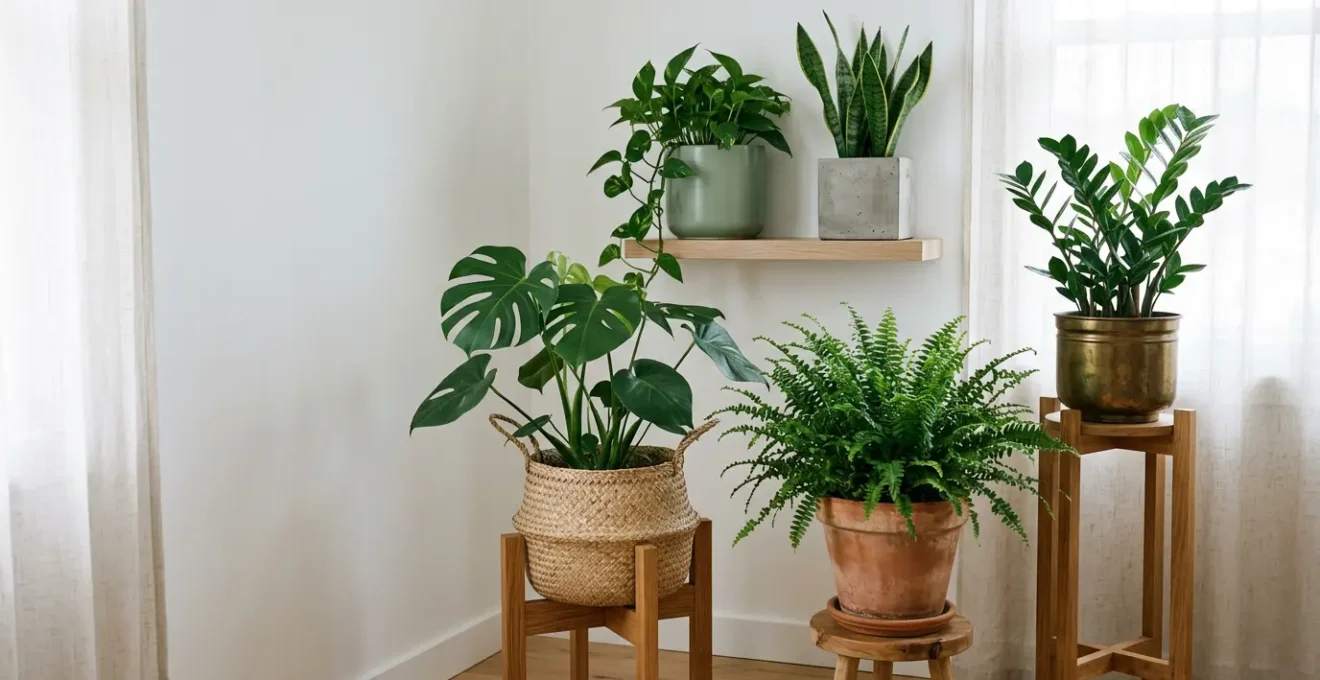Elegant indoor plant arrangement showcasing variety of planter materials and styles in bright living space