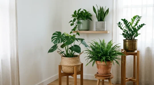 Elegant indoor plant arrangement showcasing variety of planter materials and styles in bright living space