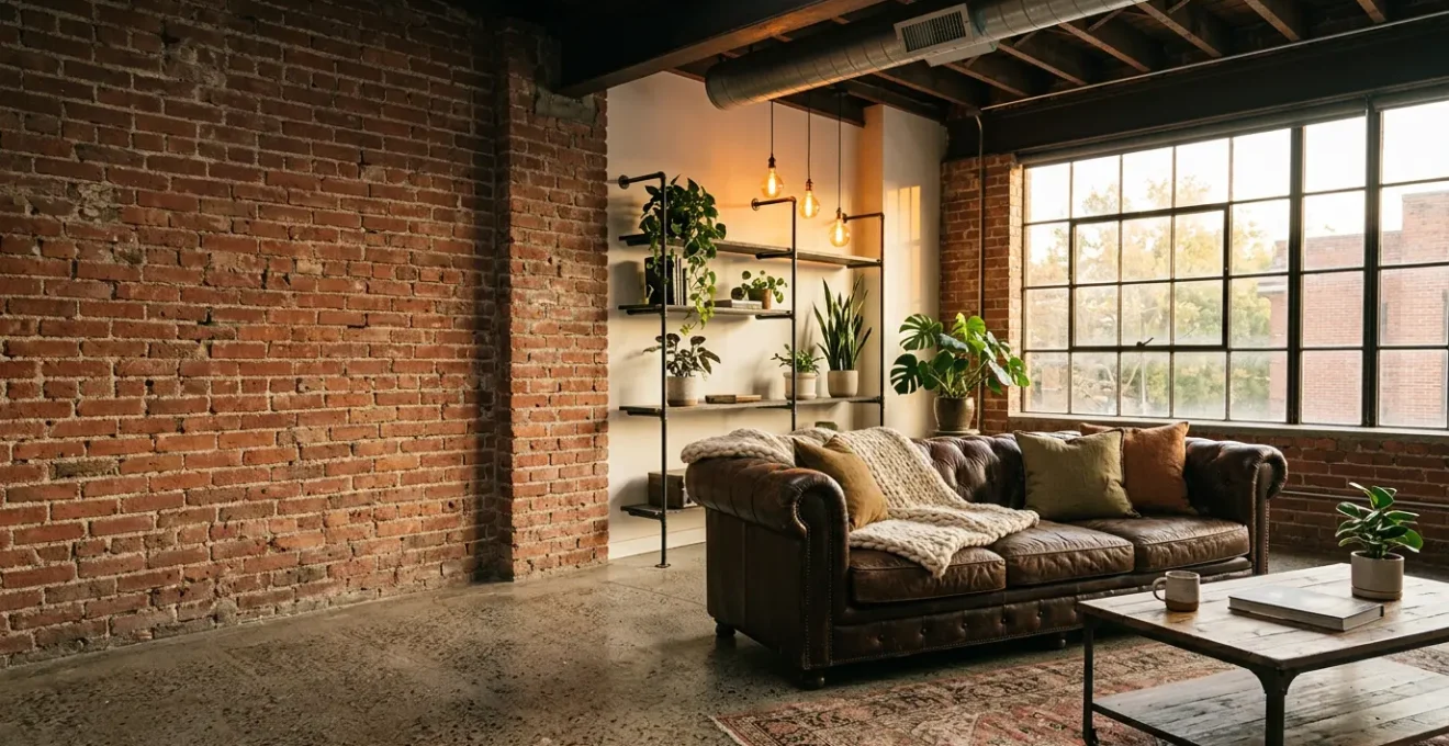 Cozy industrial living room featuring exposed brick walls and polished concrete floors with warm lighting and soft textiles