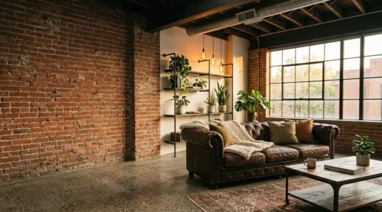 Cozy industrial living room featuring exposed brick walls and polished concrete floors with warm lighting and soft textiles