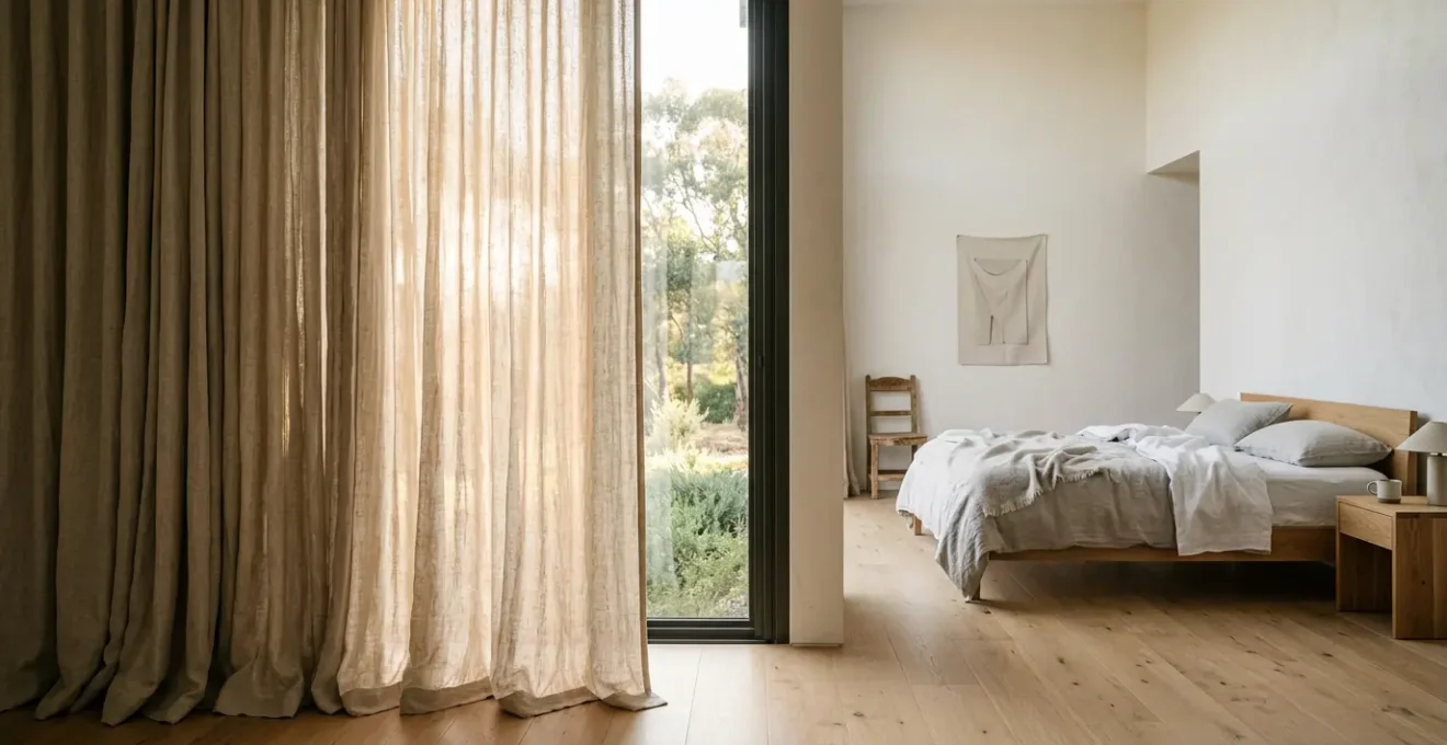 Elegant linen curtains filtering soft natural light in a serene bedroom interior