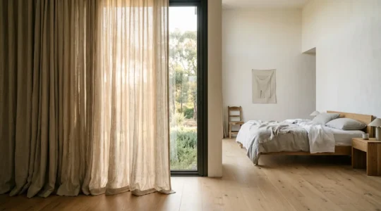 Elegant linen curtains filtering soft natural light in a serene bedroom interior
