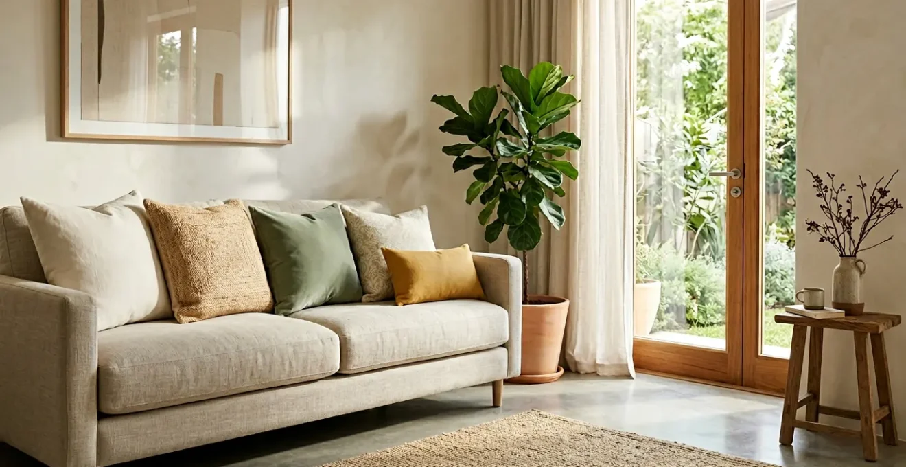 Living room corner featuring artfully arranged decorative cushions in varying sizes and textures on a neutral sofa