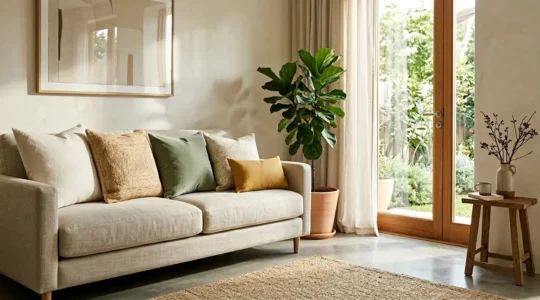 Living room corner featuring artfully arranged decorative cushions in varying sizes and textures on a neutral sofa