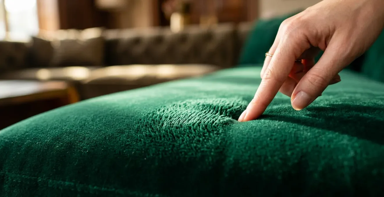 Close-up of rich velvet upholstery fabric showing plush texture and light reflection