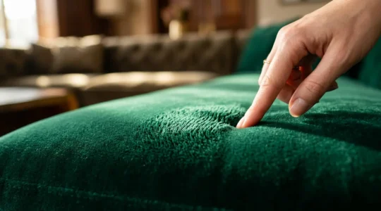 Close-up of rich velvet upholstery fabric showing plush texture and light reflection