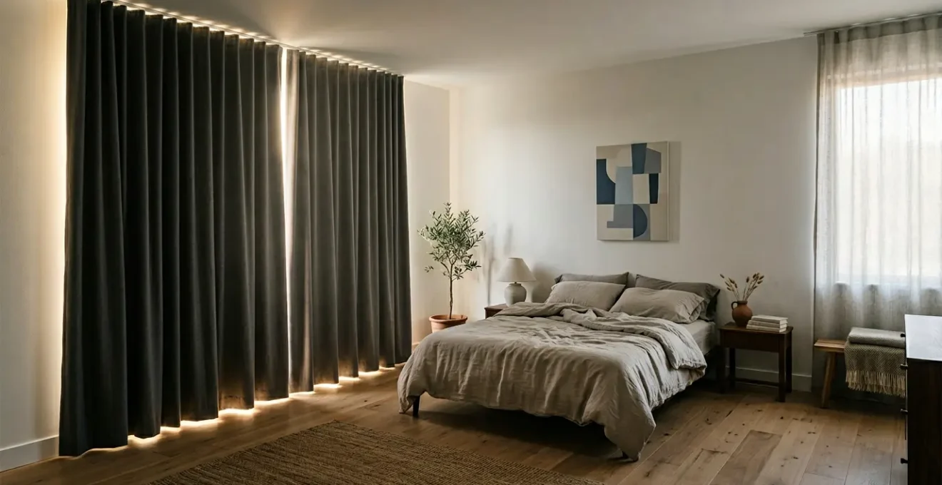 Elegant bedroom with floor-to-ceiling blackout curtains blocking morning sunlight while maintaining thermal comfort