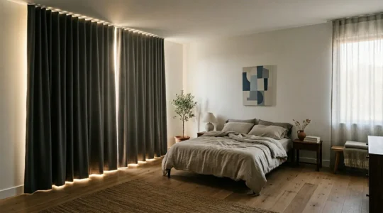 Elegant bedroom with floor-to-ceiling blackout curtains blocking morning sunlight while maintaining thermal comfort