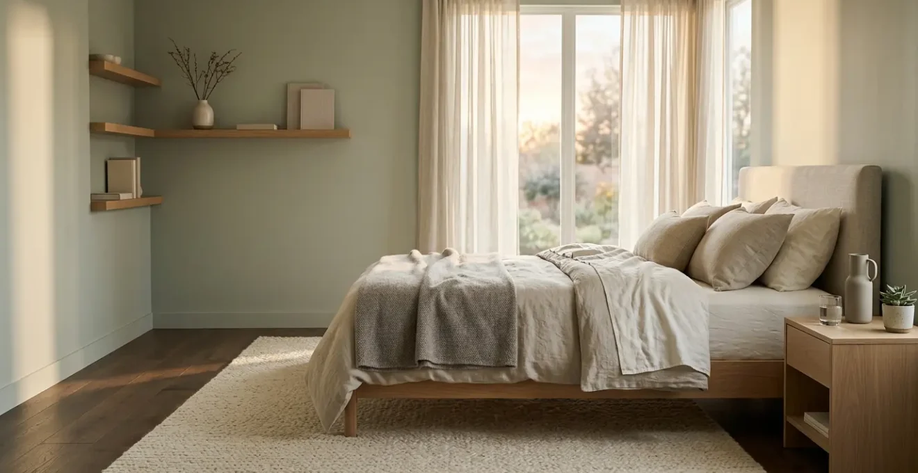 Serene master bedroom bathed in soft morning light with neutral tones and minimalist design