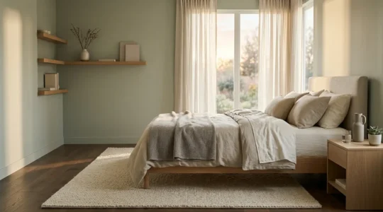 Serene master bedroom bathed in soft morning light with neutral tones and minimalist design
