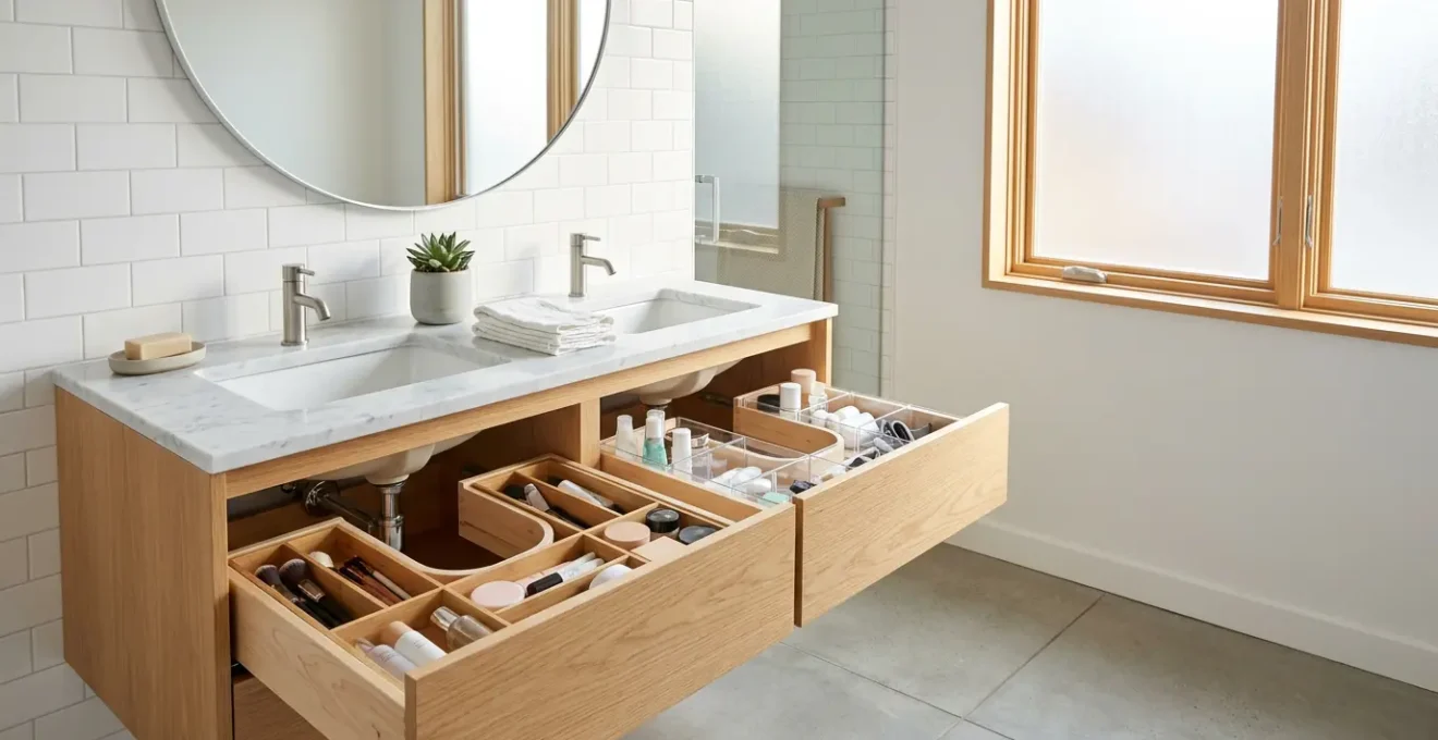 Organized bathroom vanity with elegant storage solutions and morning essentials