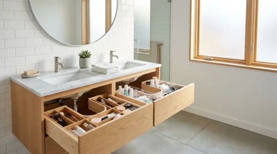 Organized bathroom vanity with elegant storage solutions and morning essentials
